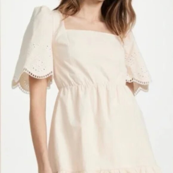 English Factory Cream Floral Embroidered Eyelet Babydoll Ruffle Mini Dress SZ S - Picture 1 of 7